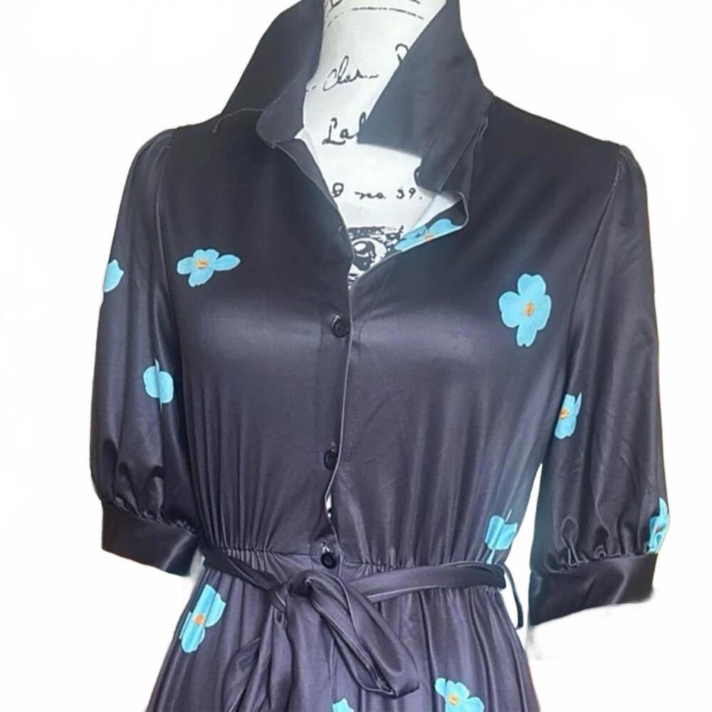 Retro Stage Dress Small Black Floral Button Front NWT With Pockets